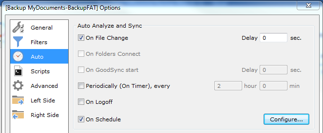 GoodSync Auto options with On File Change and On Schedule enabled